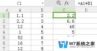 第一列和第二列数字相乘的结果在wps第三列显示